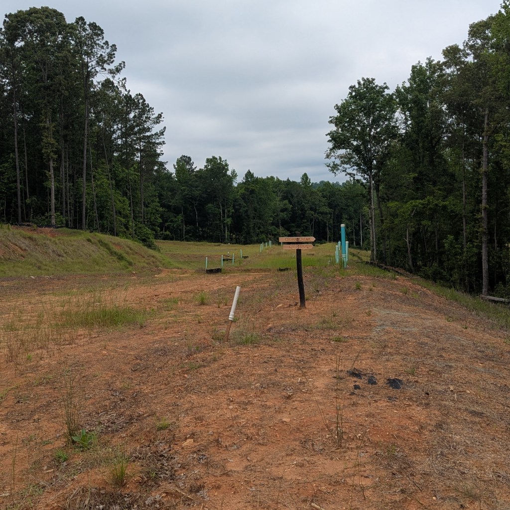 dirt path with some wayfinding signs in the distance