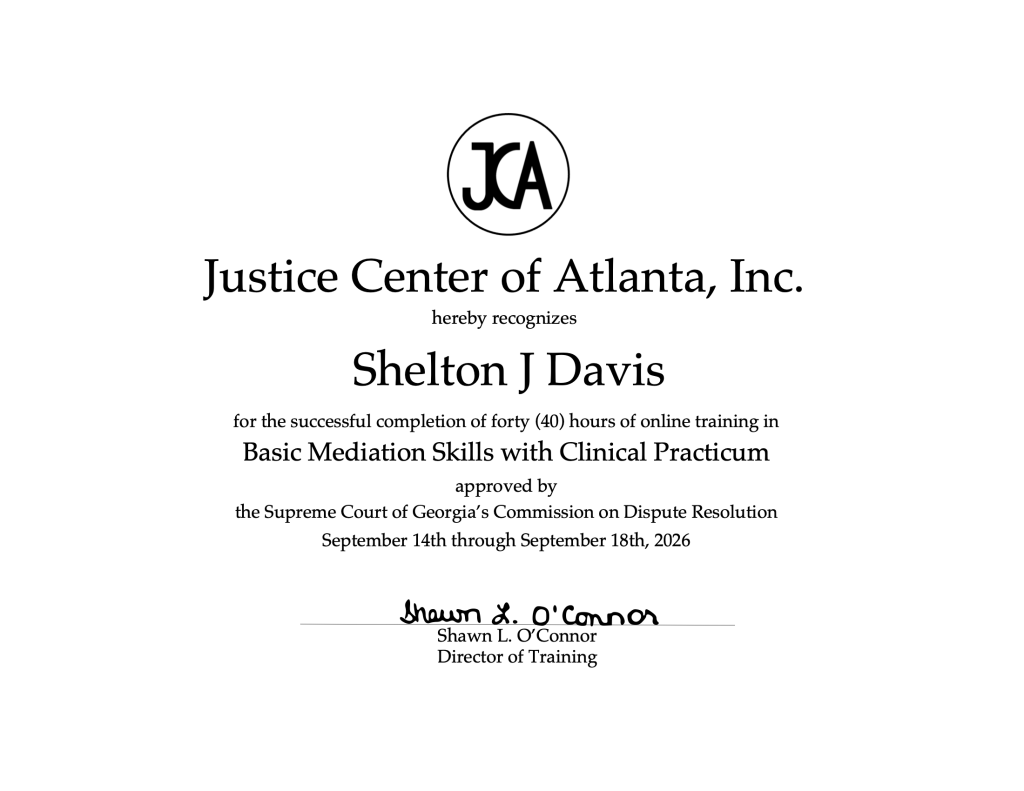 Mediation Certificate for Shelton Davis